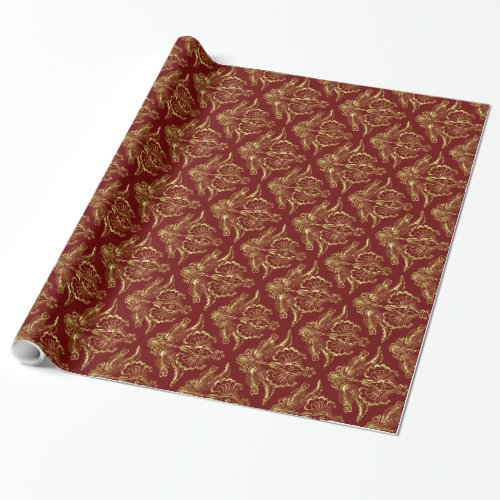 Dark Red  Metallic Gold Foil Look Floral Damasks Wrapping Paper