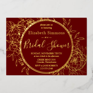Dark Red Modern Line Peony Toile Bridal Shower Foil Invitation