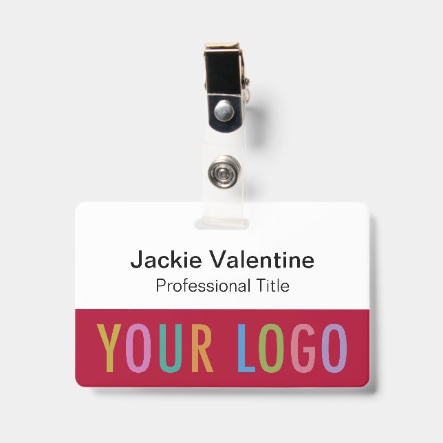 Dark Red Name Badge with Logo Clip Lanyard or Reel (Front with Clip)