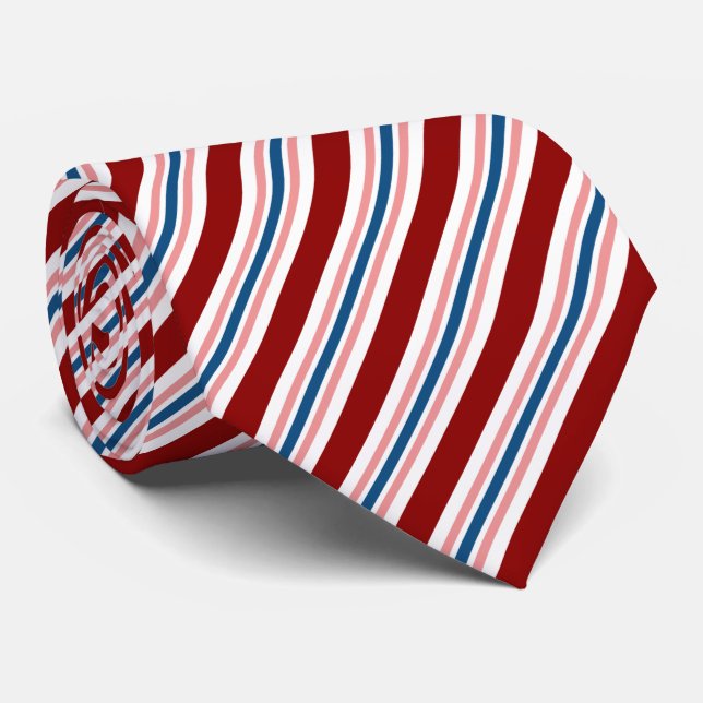 Dark Red Navy Blue Blush Pink Stripes Pattern Neck Tie (Rolled)