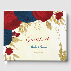 dark red & navy blue flowers gold wedding guest book