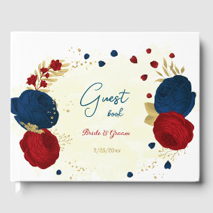 dark red & navy blue flowers gold wedding guest book
