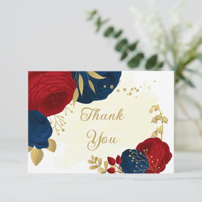 dark red & navy blue flowers gold wedding thank yo thank you card (Standing Front)
