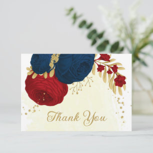 dark red & navy blue flowers gold wedding thank you card