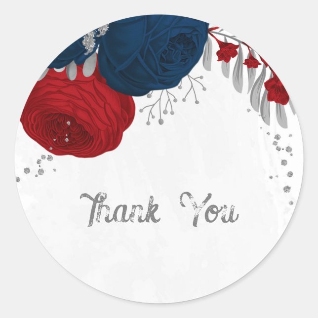 dark red & navy blue flowers silver classic round sticker (Front)
