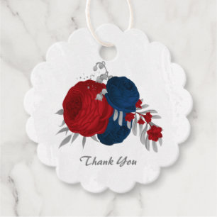 dark red & navy blue flowers silver wedding favor tags