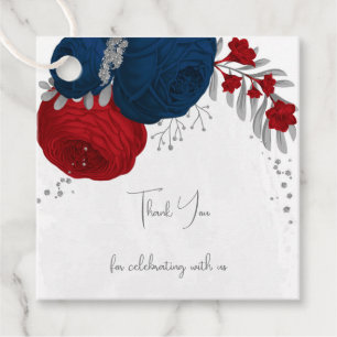 dark red & navy blue flowers silver wedding favor tags