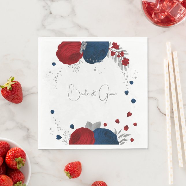 dark red & navy blue flowers silver wedding  napkins (Insitu)