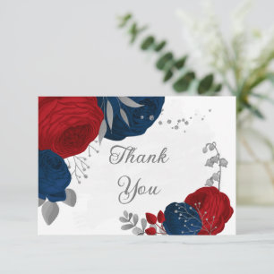dark red & navy flowers silver botanical wedding thank you card