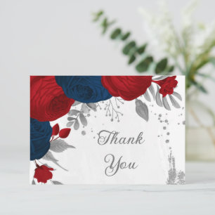 dark red & navy flowers silver botanical wedding thank you card