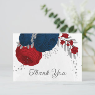 dark red & navy flowers silver botanical wedding thank you card