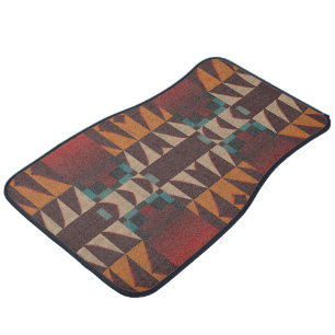 Dark Red Orange Beige Brown Teal Blue Tribal Art Car Floor Mat