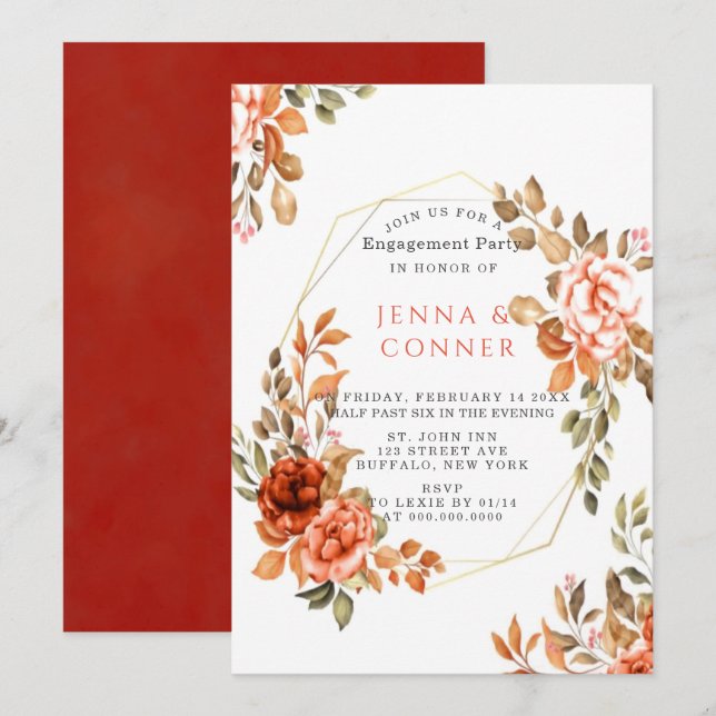 Dark Red Orange Floral Geometric Engagement Party Invitation (Front/Back)