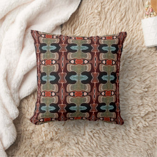 Dark Red Orange Teal Blue Green Bohemian BaliArt Throw Pillow