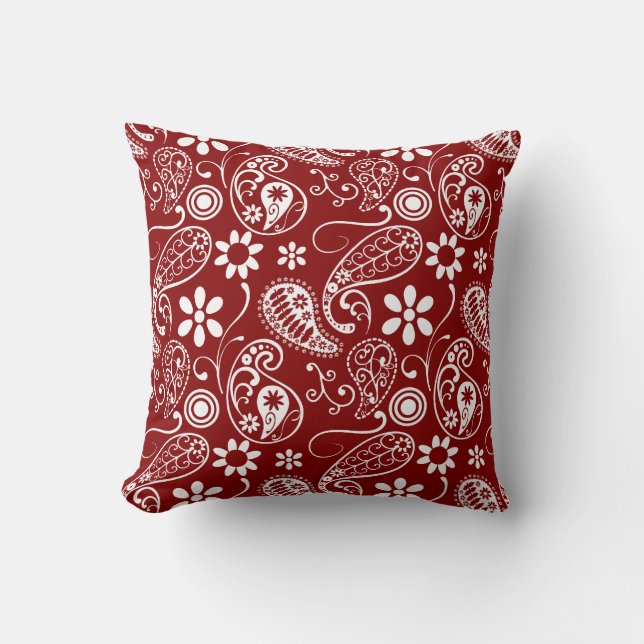 Dark Red Paisley; Floral Throw Pillow (Front)