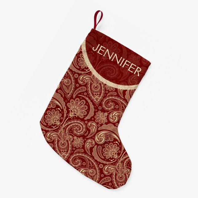 Dark Red Paisley Pattern Small Christmas Stocking (Front (Hanging))