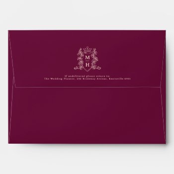 Dark Red Peach Crest Heart Crown Monogram Wedding  Envelope by mylittleedenweddings at Zazzle