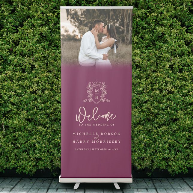 Dark red peach crown crest monogram wedding photo retractable banner (Creator Uploaded)