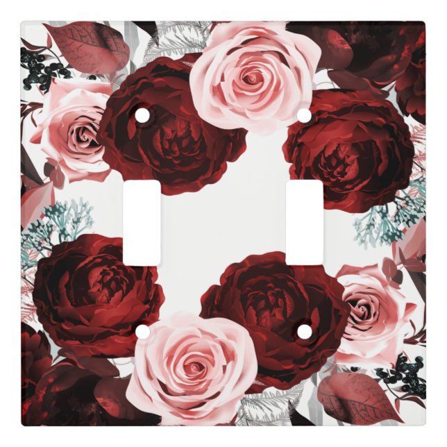 Dark Red & Pink Floral Greenery White Rustic Glam Light Switch Cover (Front)