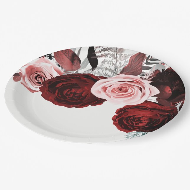 Dark Red & Pink Floral Greenery White Wedding Paper Plates (Angled)
