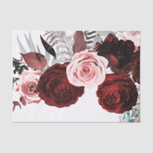 Dark Red & Pink Floral Greenery White Wedding Tissue Paper