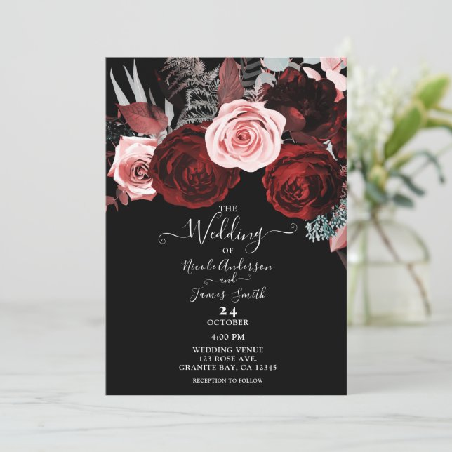 Dark Red & Pink Flowers Floral Greenery Wedding Invitation (Standing Front)