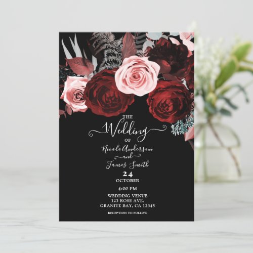 Dark Red  Pink Flowers Floral Greenery Wedding Invitation