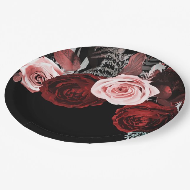 Dark Red & Pink Flowers Floral Greenery Wedding Paper Plates (Angled)