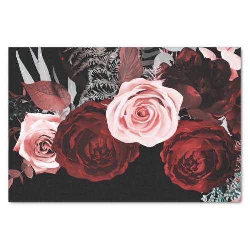 Dark Red  Pink Flowers Floral Greenery Wedding Tissue Paper
