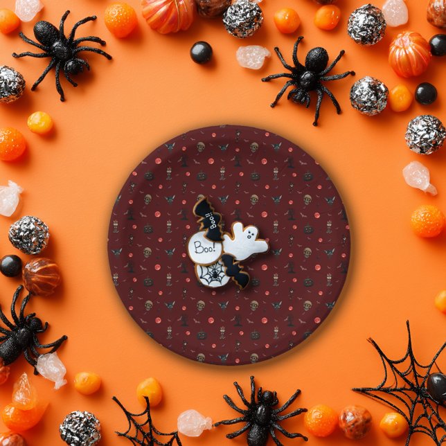 Dark Red Playful Halloween Pattern Paper Plates (Creator Uploaded)