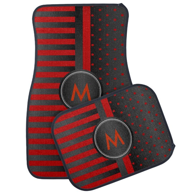 Dark Red Polka Dots and Black Stripes Car Mat (Set)