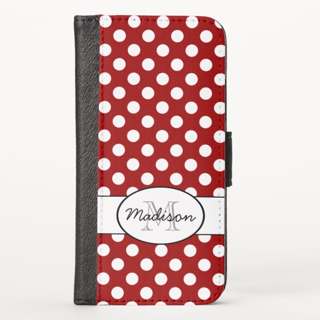 Dark red polka dots monogram iPhone 6 wallet case (Front)