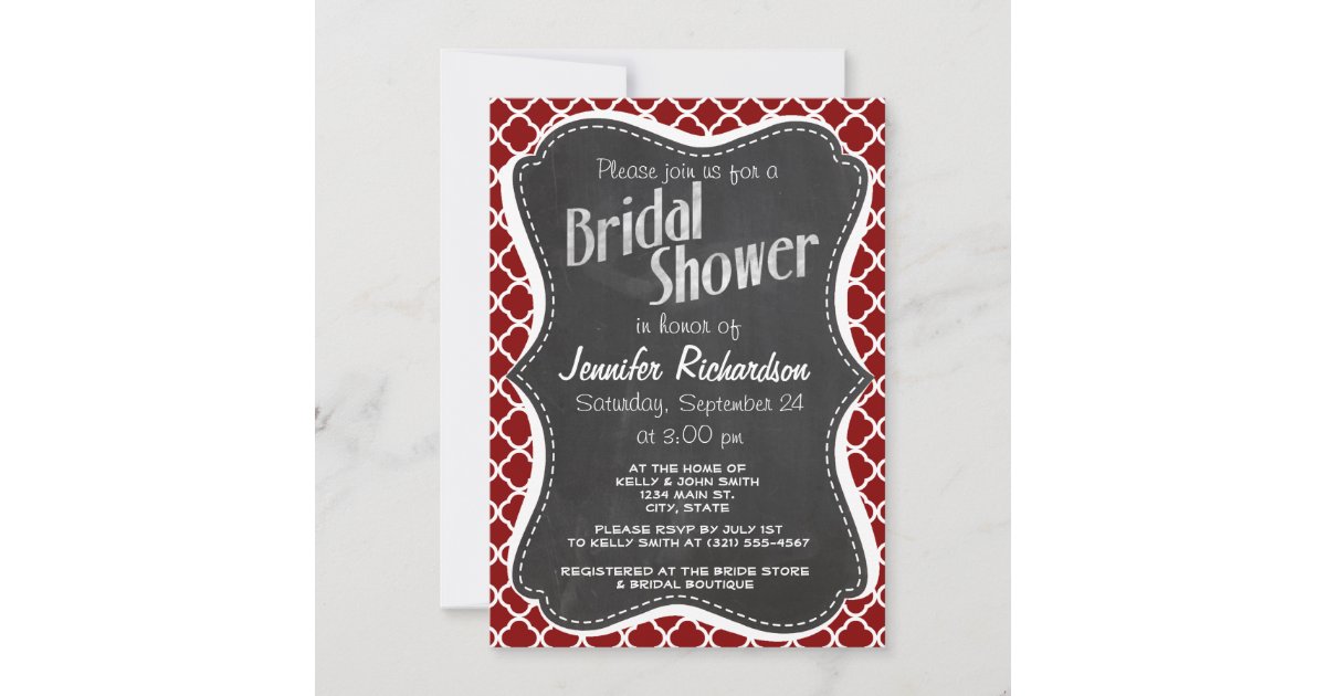Dark Red Quatrefoil; Vintage Chalkboard look Invitation Zazzle