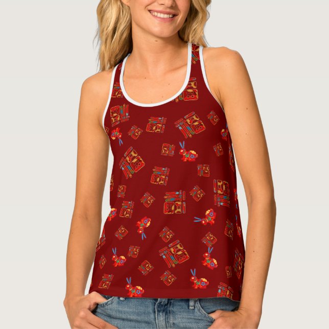 Dark Red Rabbits Chinese Character 福 Blessings Tank Top (Front)