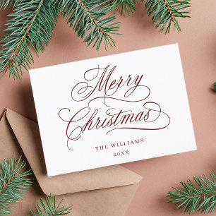 Dark Red Romantic Merry Christmas Script Flat Holiday Card