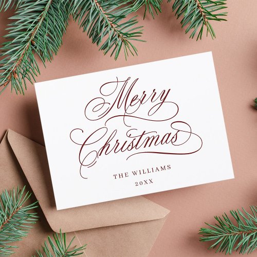 Dark Red Romantic Merry Christmas Script Flat Holiday Card