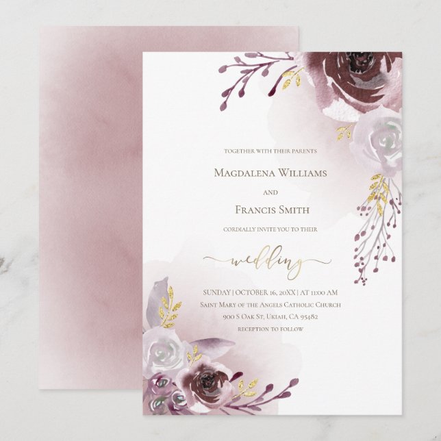 dark red rose flowers wedding invitation (Front/Back)