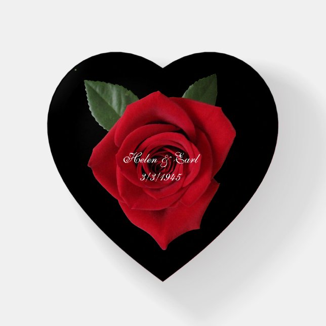 Dark Red Rose Glass Heart Paperweight (Front)