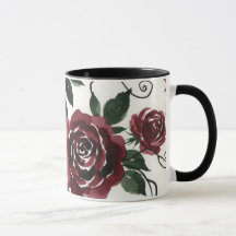 Dark Red Roses Ceramic Mug with Black Handle