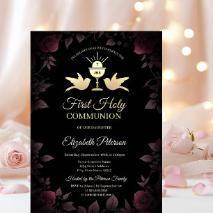 Dark Red Roses Chalice First Holy Communion Invitation
