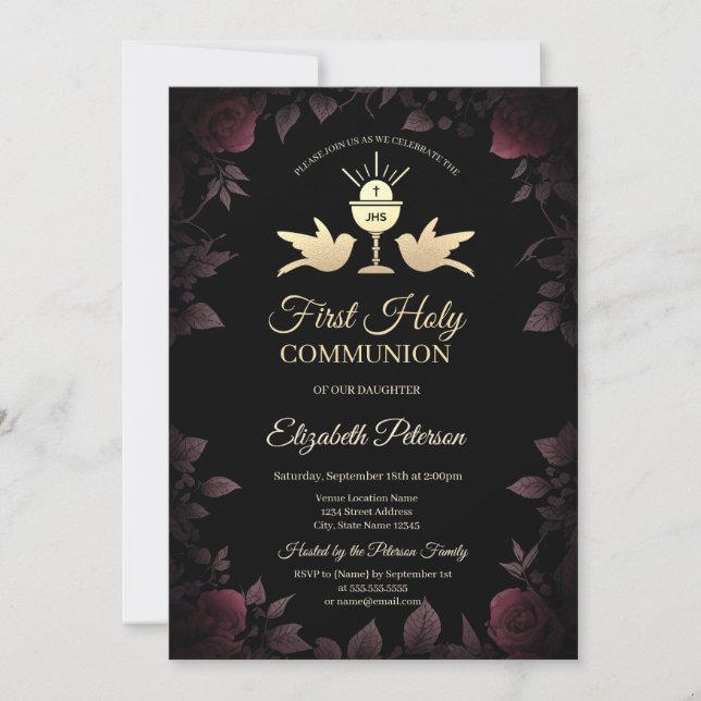 Dark Red Roses Chalice First Holy Communion   Invitation (Front)