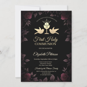 Dark Red Roses Chalice First Holy Communion Invitation