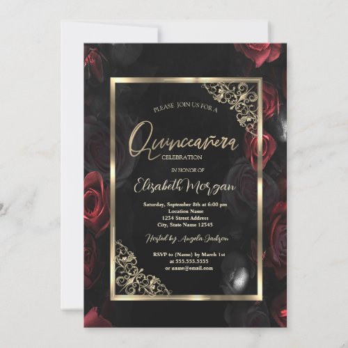 Dark Red Roses Gold Frame Black Quinceaera Invitation
