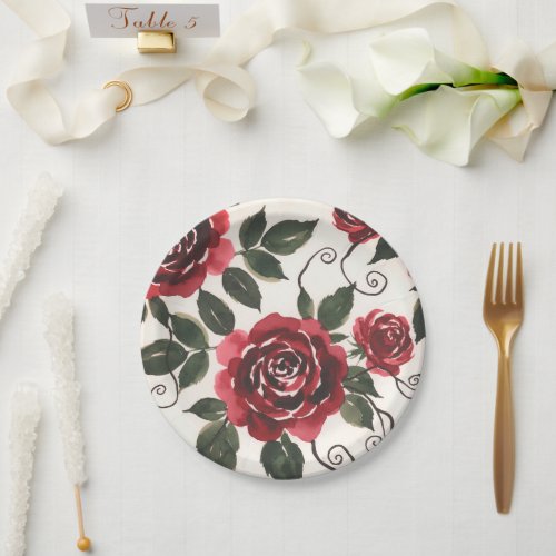 Dark Red Roses Paper Plate