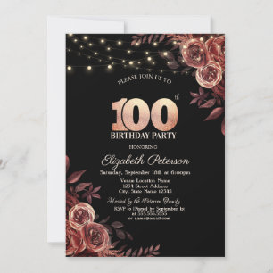 Dark Red Roses,String Lights Black 100th Birthday Invitation