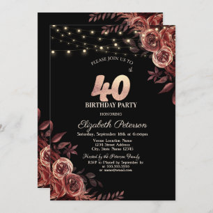 Dark Red Roses,String Lights Black 40th Birthday Invitation