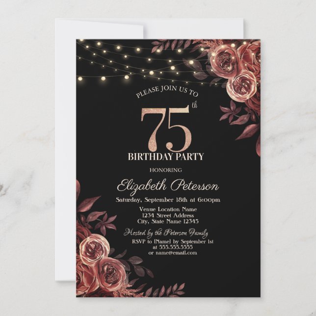  Dark Red Roses,String Lights Black 75th Birthday  Invitation (Front)