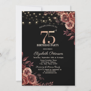 Dark Red Roses,String Lights Black 75th Birthday Invitation
