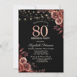 Dark Red Roses,String Lights Black 80th Birthday Invitation