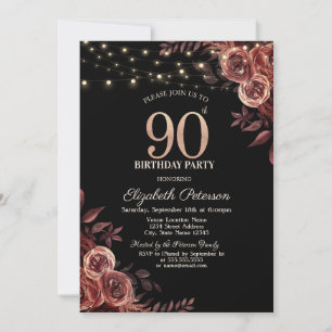 Dark Red Roses,String Lights Black 90th Birthday Invitation
